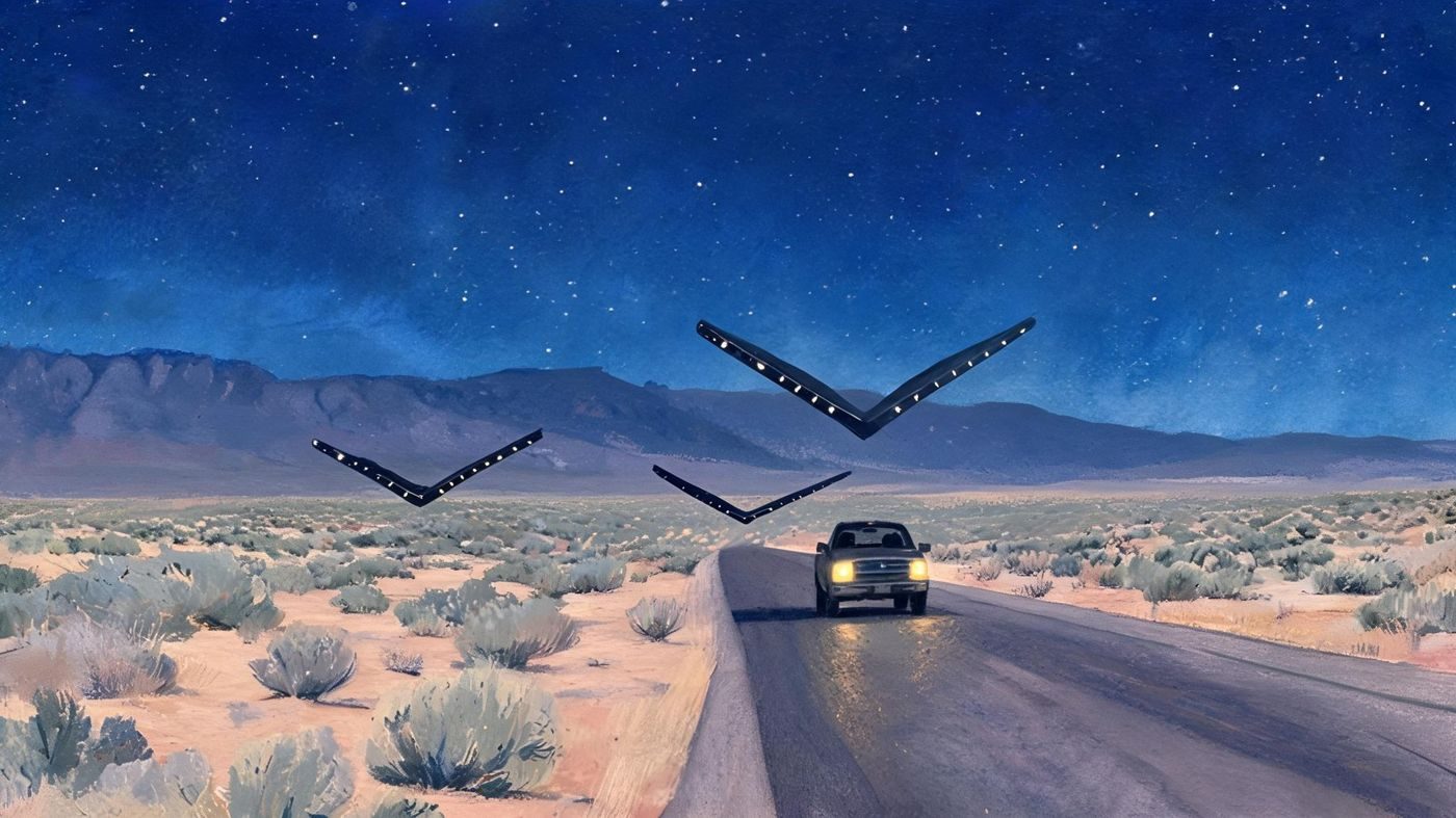 Three boomerang-shaped craft over the highway near NAS Fallon, one pacing the witnesses' truck, as they describe it (7 May 2009).