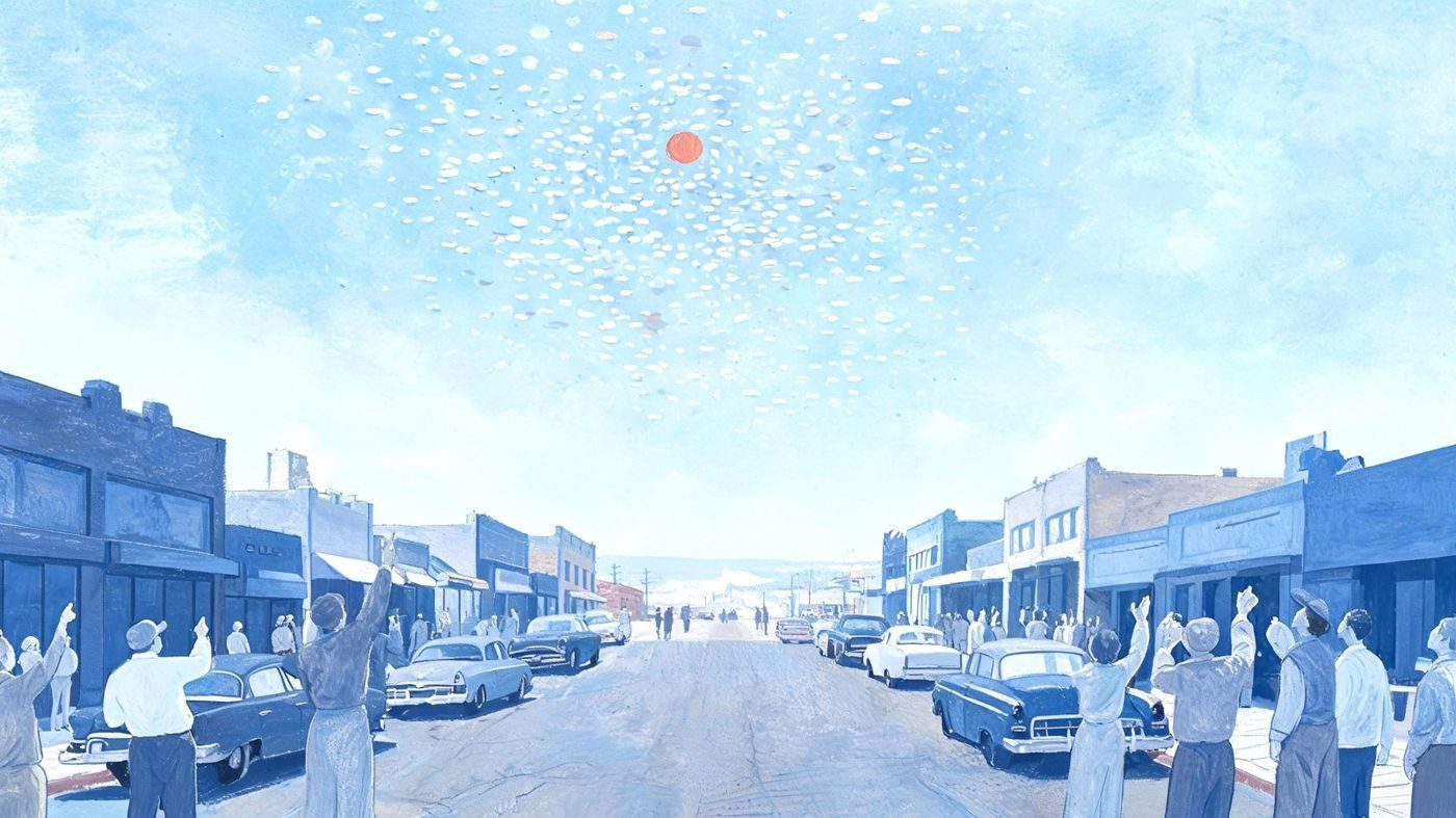 Townspeople on Farmington's main street watch hundreds of silvery discs and one larger red one cross the sky, as the Farmington Daily Times reported (March 1950).