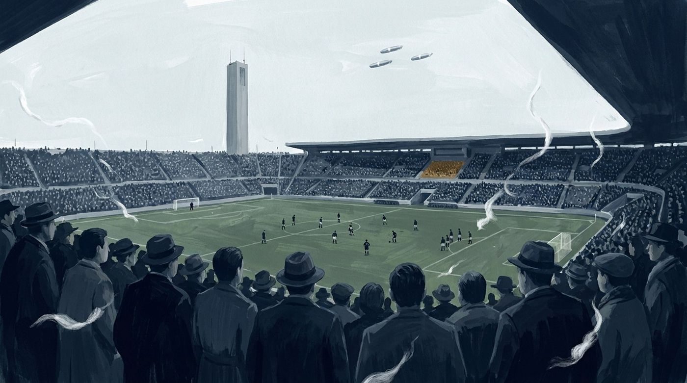 From the accounts: a crowd at Florence's stadium watched shiny objects pass overhead and play stopped, while cotton-like filaments fell, 27 October 1954.