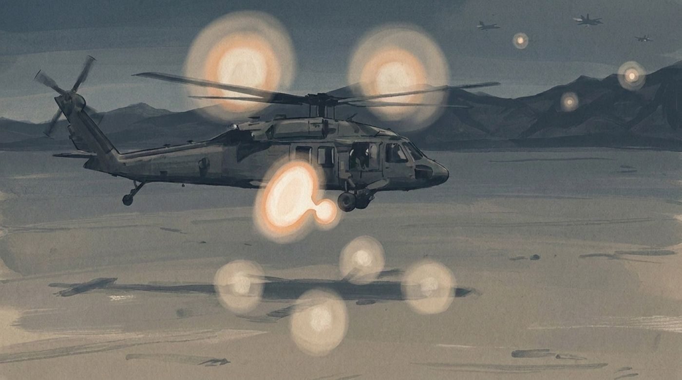 From the senior intelligence official's released narrative (ODNI-UAP-D001) and the FBI 302: glowing orbs around a helicopter over a western test range in late 2025, one within about ten feet splitting in two, two above the rotor, smaller ones below, others pacing military jets. The helicopter type, light and terrain are imagined; the location is redacted.