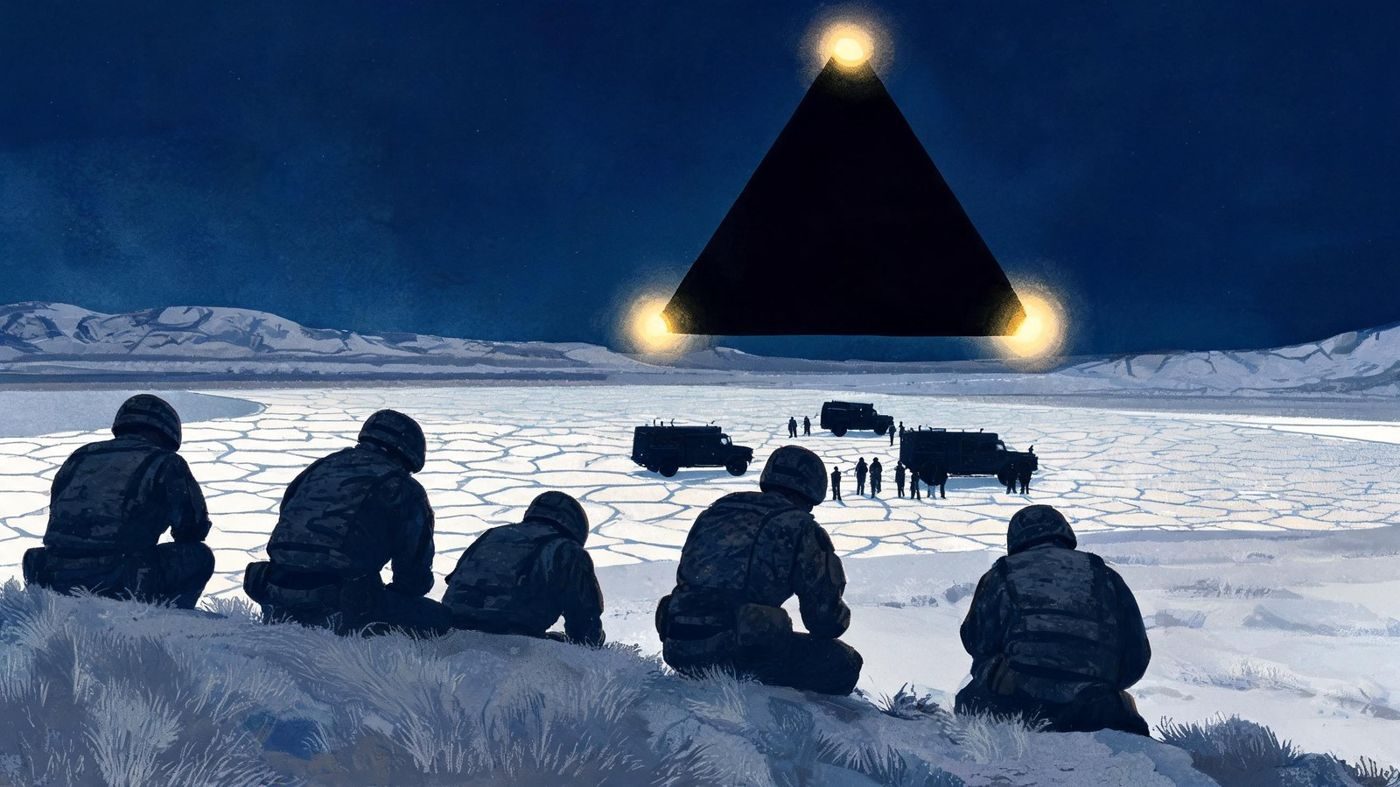 A black triangle with gold corner lights hovering over a dry lake near Twentynine Palms, with men in black and trucks below, as Roderick Castle describes it (March 1997).