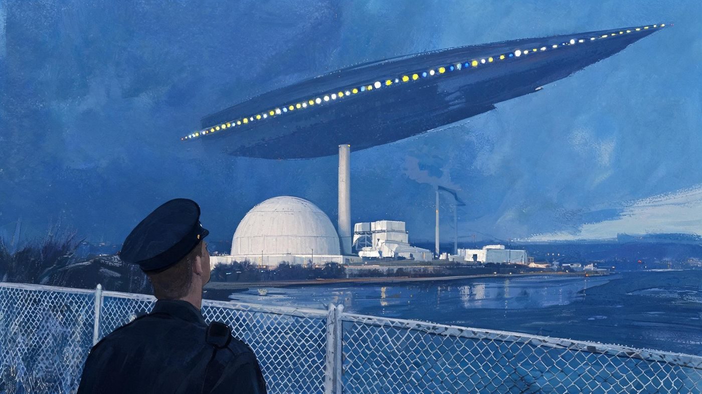 A craft as long as three football fields, lit white, yellow and blue, over the Indian Point nuclear plant on 24 July 1984, as plant security officers describe it.