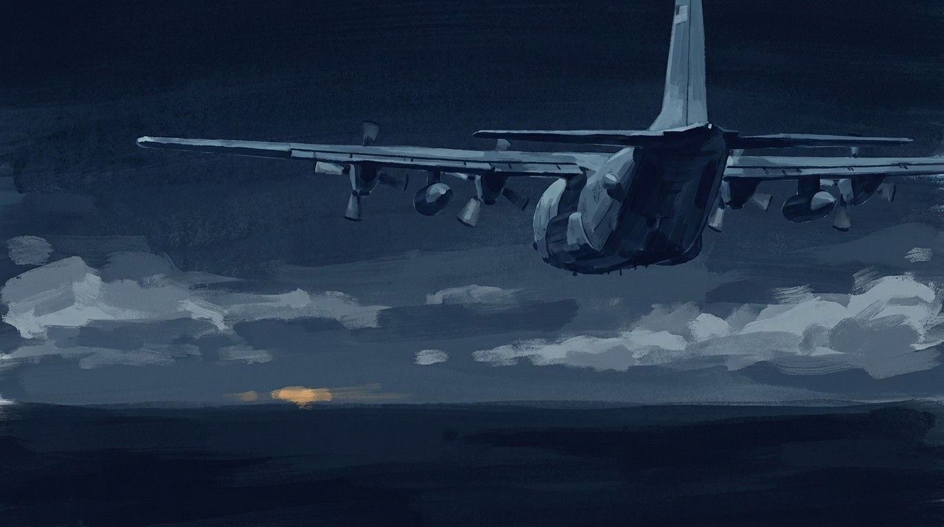 A U.S. aircraft over the Pacific glimpses a brief light on the horizon (illustration).