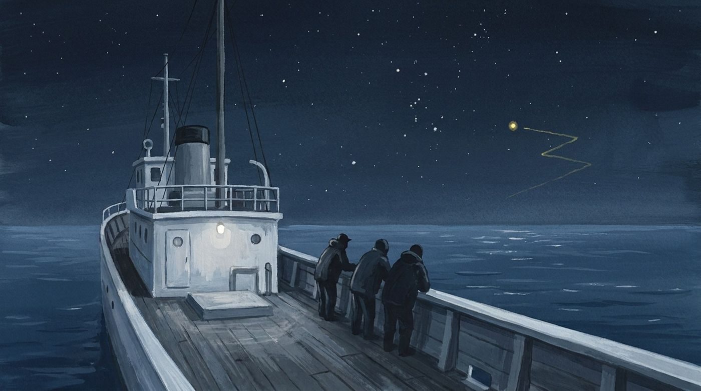 From Naganobu Mikio's 1988 account: five crew of the research ship Kaiyo Maru watched a yellow light near Orion dart about and return, 18 Dec 1984, east of Tierra del Fuego.