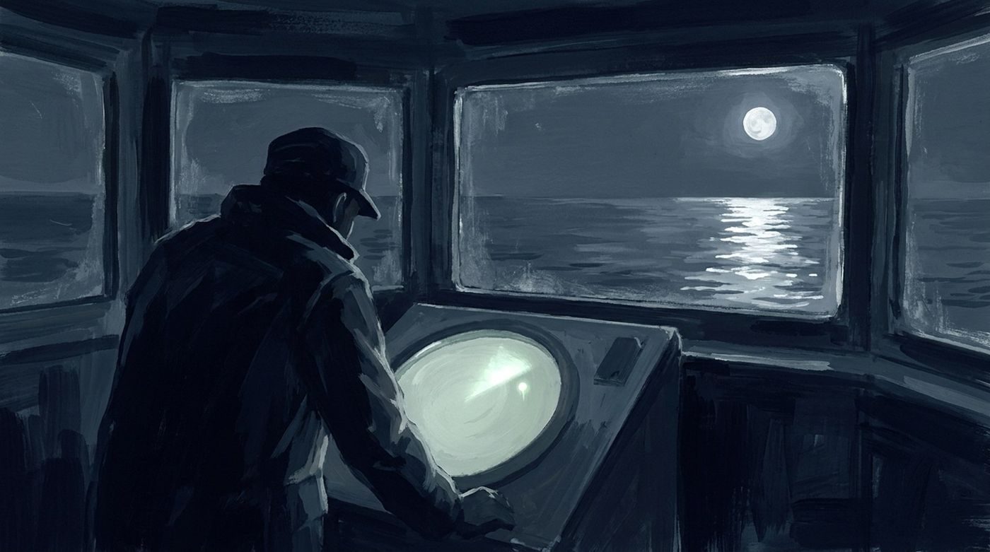 From Naganobu Mikio's 1988 account: the Kaiyo Maru tracked large unknown radar targets north of Wake Island on 21 Dec 1986 while nothing was visible under a full moon.