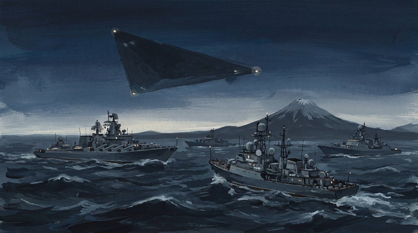 A large dark triangle hovering tilted above Russian naval vessels, including an intelligence ship, off Kamchatka at night, as the Immaculate Constellation brief describes it.