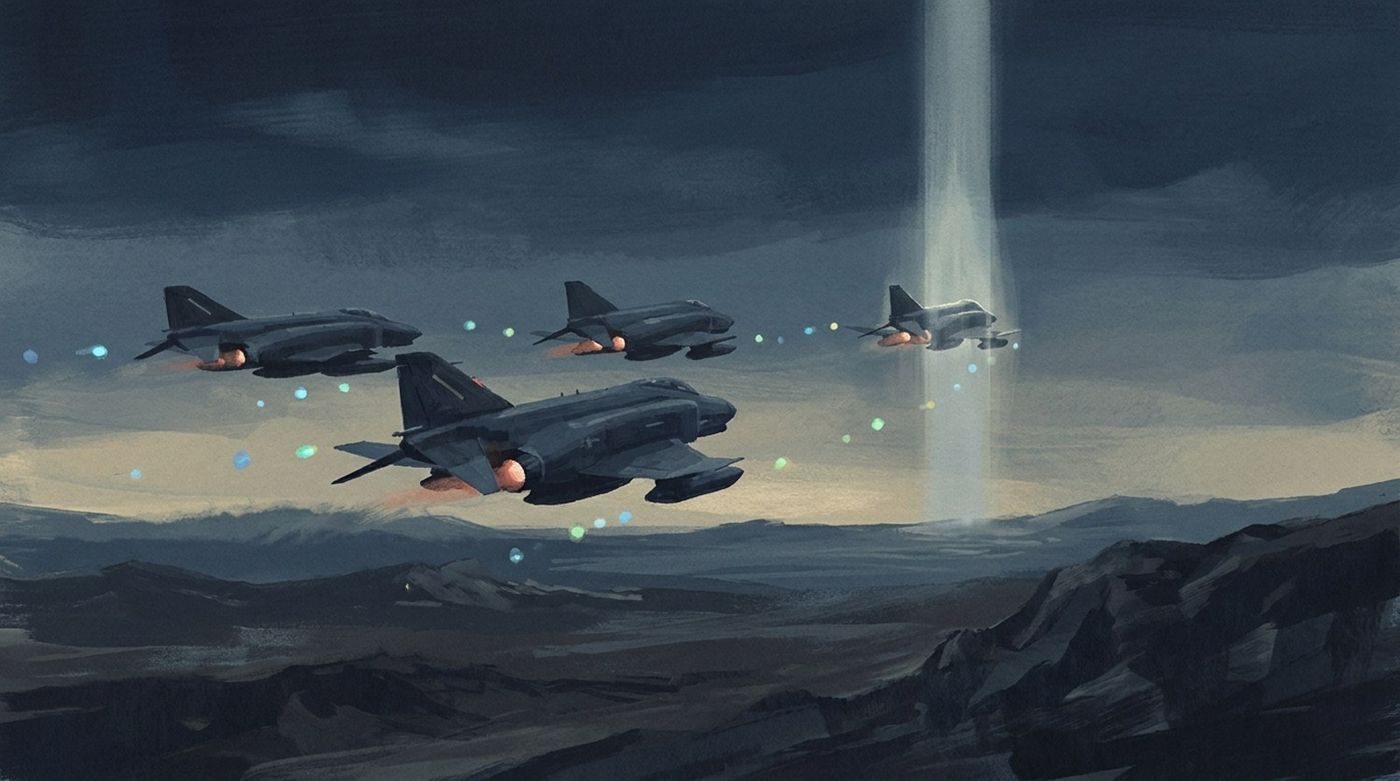 From the accounts: four Turkish F-4s led by Erdoğan Karakuş were paced by small multicoloured objects, and one jet flew into a light beam about 50 km long, May 1983.