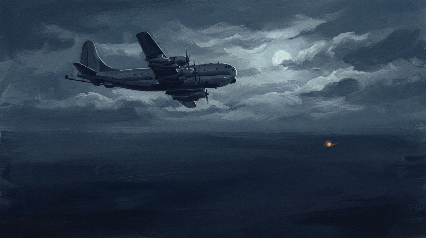A KC-97 crew sees an unidentified light pacing them near Newfoundland, 6 July 1955 (illustration).