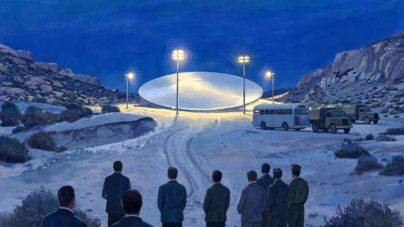 A silver disc in a floodlit desert wash near Kingman, with specialists brought in by bus, as the 1953 retrieval is described.