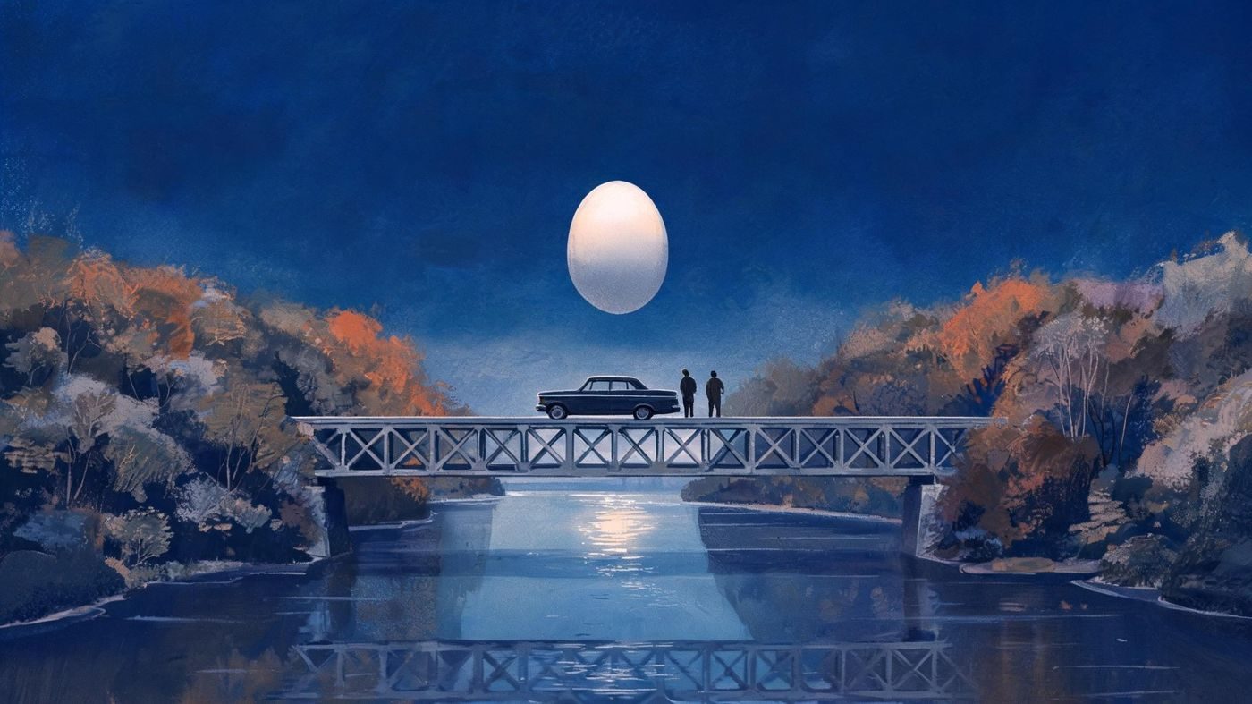A 100-ft egg-shaped object hovering over the Loch Raven bridge above the witnesses' stalled car, as Alvin Cohen and Philip Small describe it (26 October 1958).