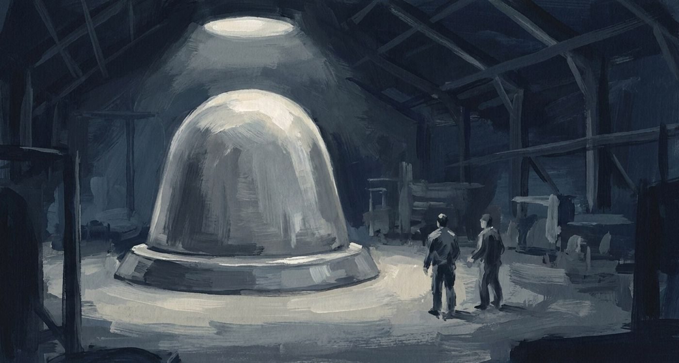 From Stratton's report of Jim Ryder's description (Out of the Shadows, 2026): a bell- or acorn-shaped craft with no visible controls, seats or power; no dimensions given.