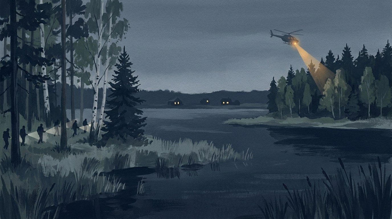 Soldiers and a helicopter searching the woods by the Zemborzyce reservoir south of Lublin after residents heard an object fly over at about 2 a.m. (October 2026).