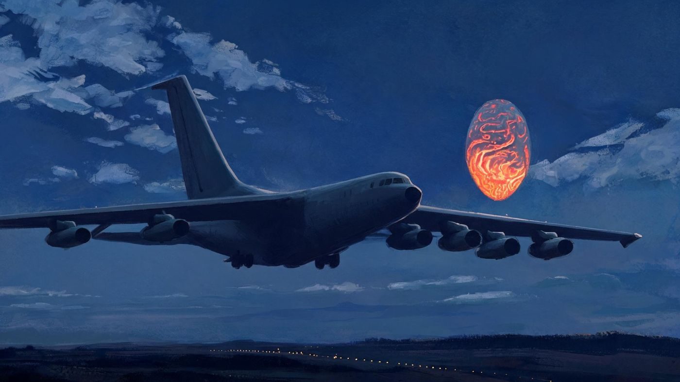 A glowing egg-shaped object with a skin 'like molten lava' pacing a descending B-52 near Minot AFB, as the crew describes it (24 October 1968).