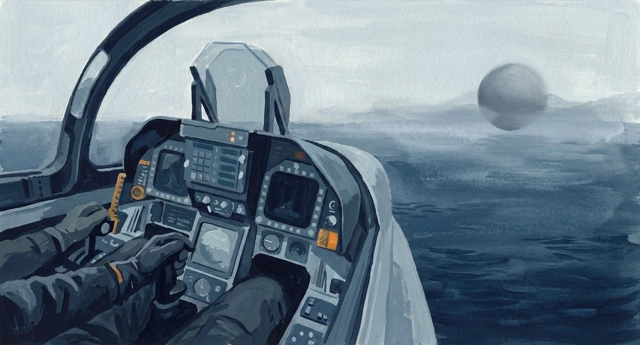 A Navy jet crew watches a small grey object speed up and turn east (illustration).