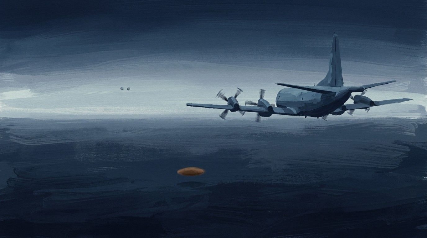 A slow object low over the sea and a pair moving fast in the distance, as in the mission report (illustration).