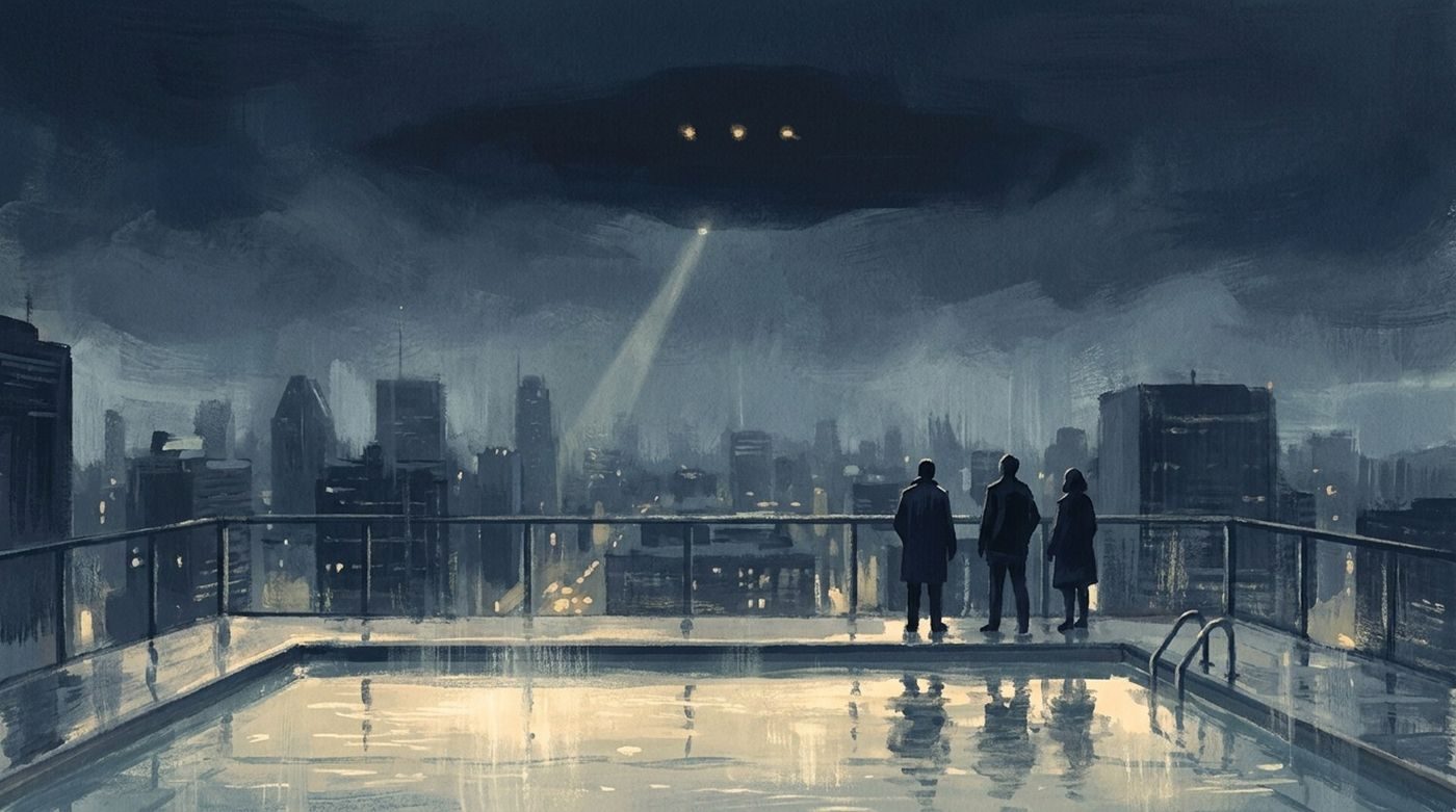 From the accounts: from the Hilton Bonaventure rooftop on 7 November 1990, police and journalists watched a motionless object with three yellowish lights and a single beam.