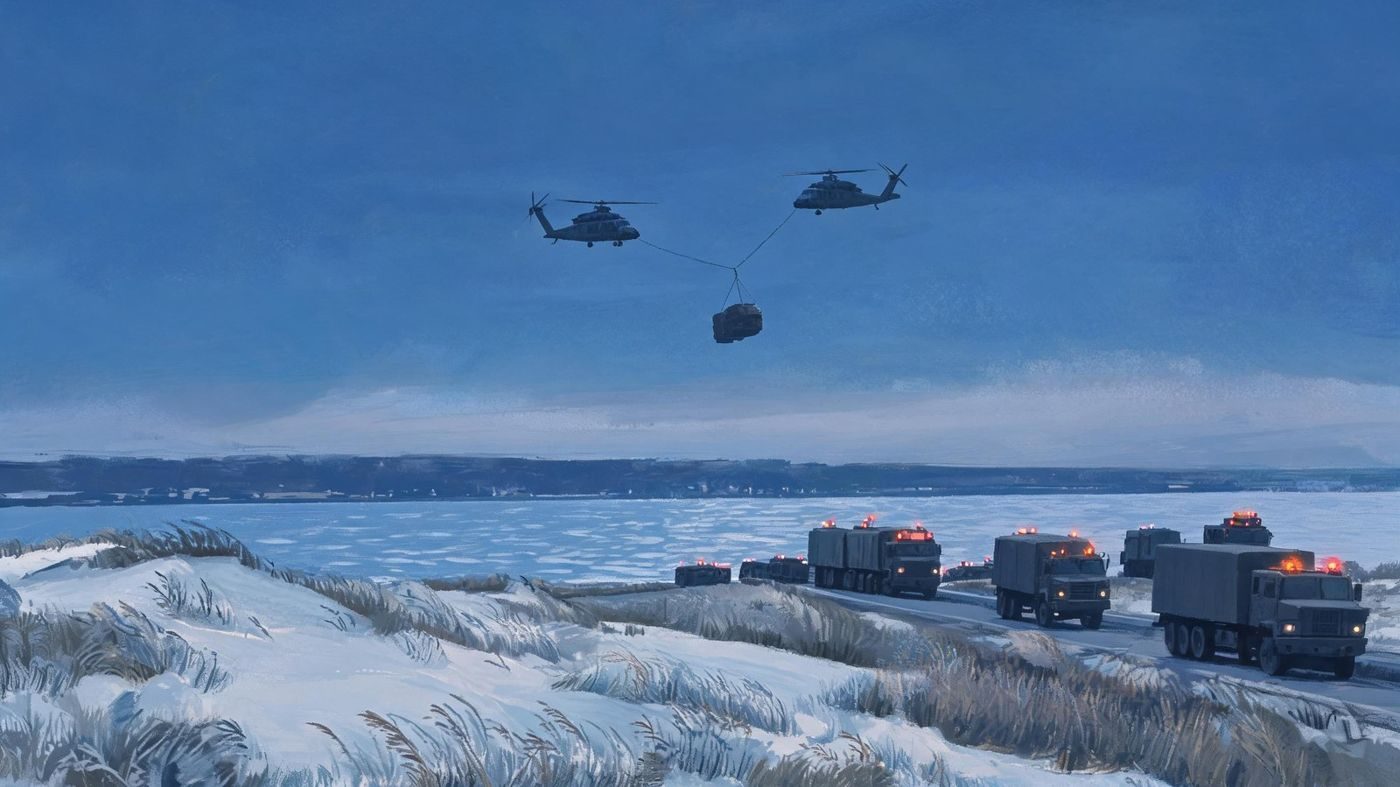 Helicopters carrying a large object from the dunes at Moriches Bay as a convoy heads inland, as witnesses describe it (September 1989).