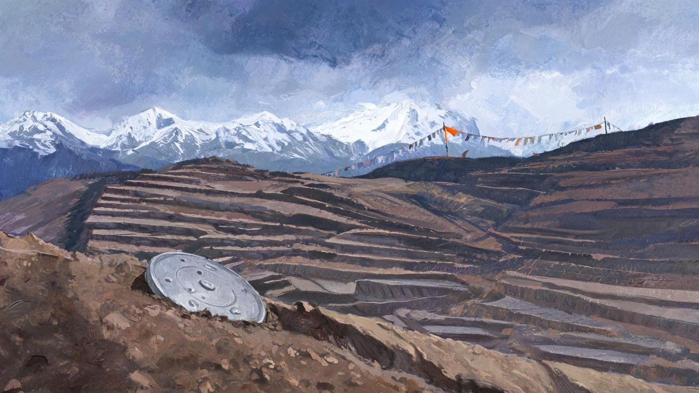 A crashed circular metal disc on a Nepalese hillside, as the 1968 Moon Dust cables describe it.