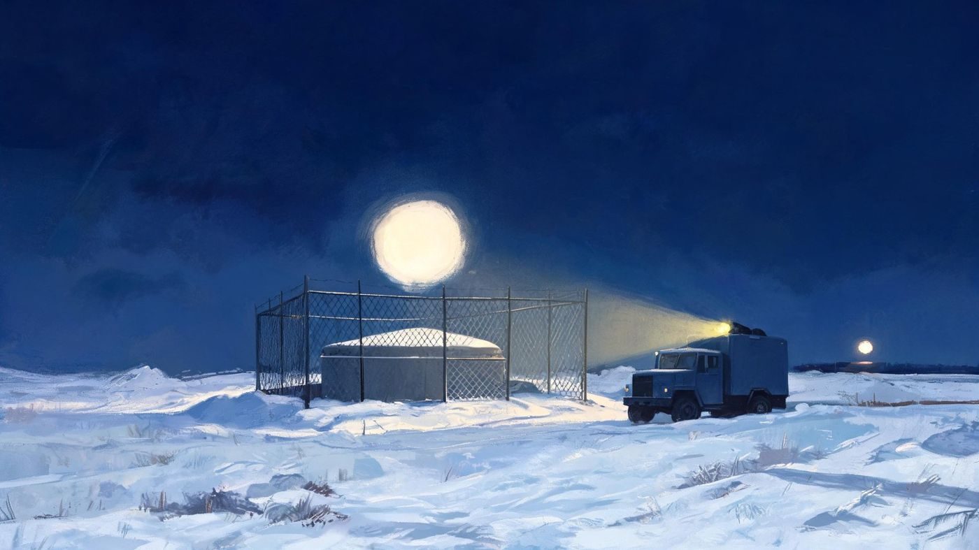 A light over a Minuteman launch facility on the northern plains, the kind of base incursion Project Northern Tier set out to study (1960s-70s).