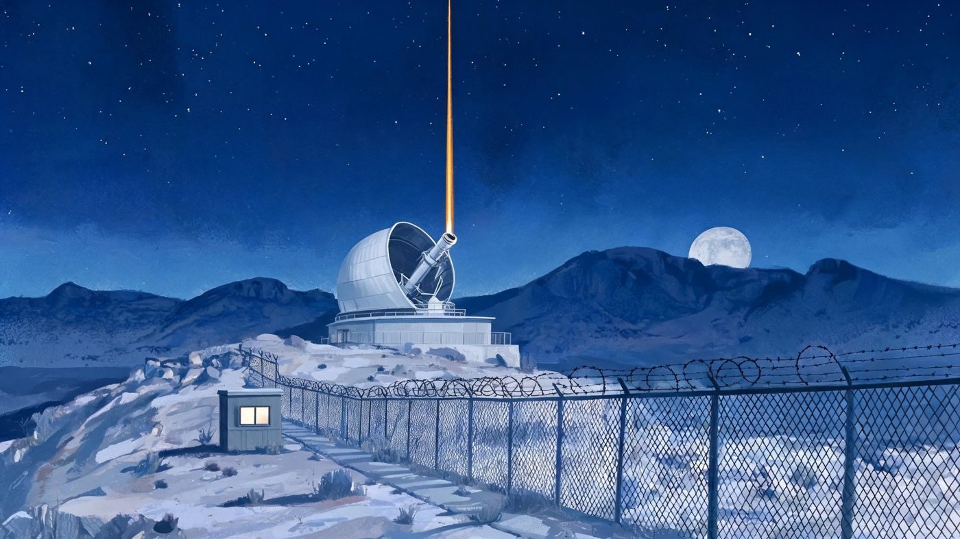 A fenced military observatory fires a laser guide star: adaptive optics was developed in secret for years before 1991.