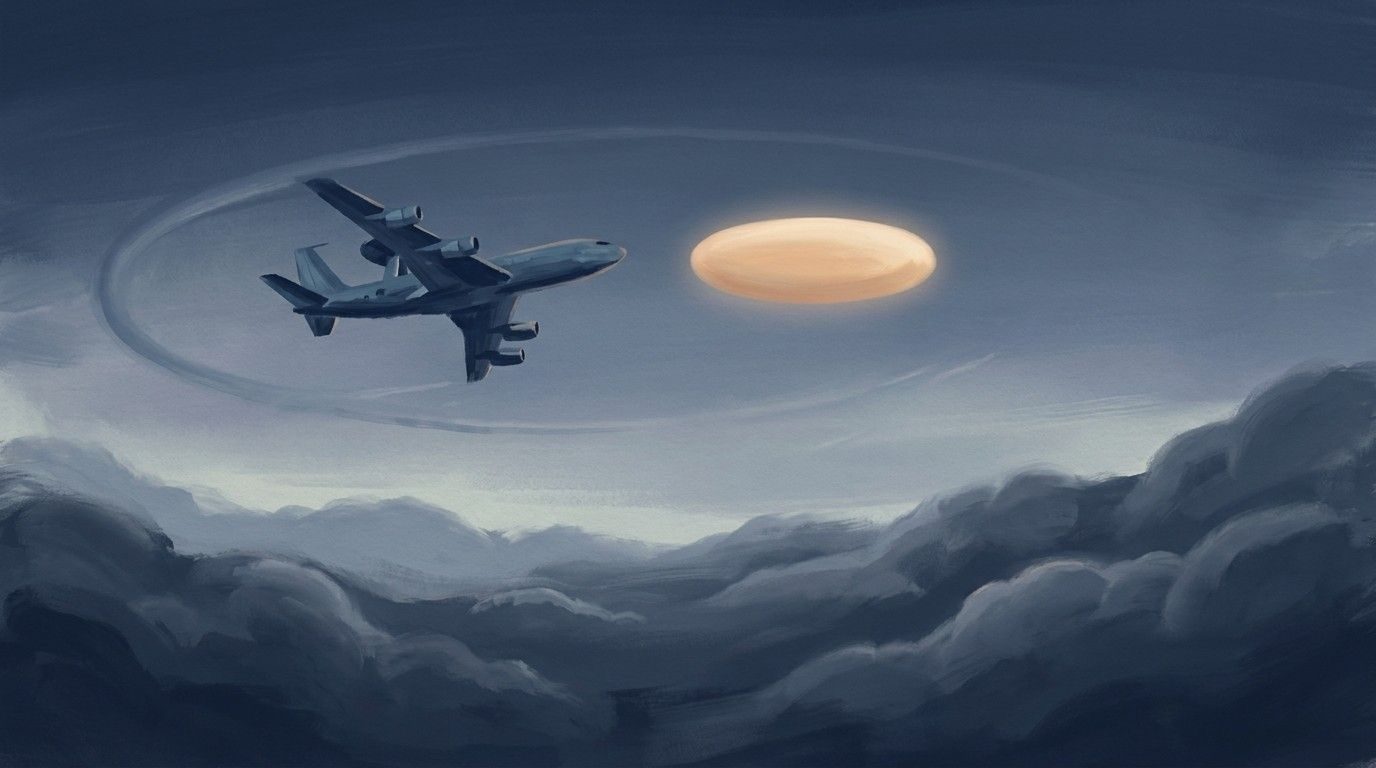 An aircraft keeps "eyes on" an oval orb for over two hours (illustration).