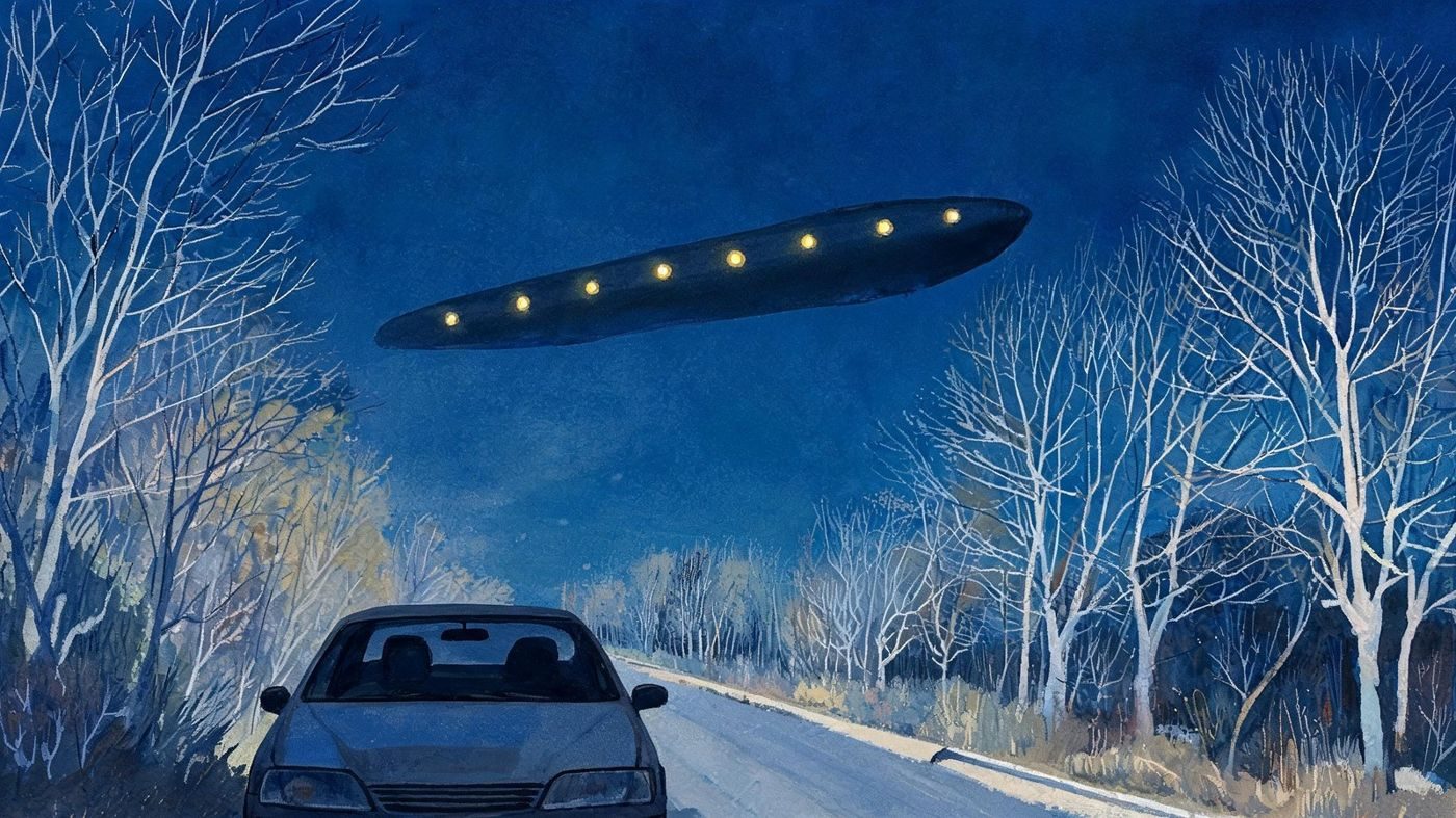 A slowly rotating 200-ft cigar with five lights passing over the witnesses' stalled car near Port Jervis, as they describe it (25 November 2009).
