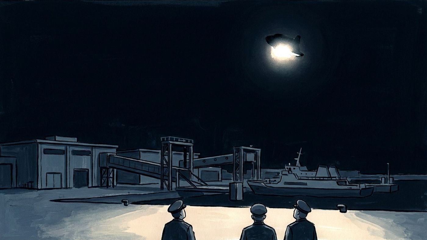 From the accounts: three border policemen and a customs officer saw a silent object with a blinding light about 50-60 m over the Puttgarden ferry terminal, 26 August 1986, 03:00.