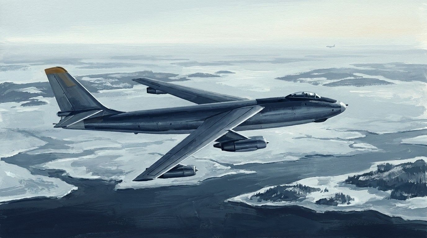 An RB-47 over the Canadian Arctic Archipelago, June 1955, with an unidentified aircraft far off (illustration).