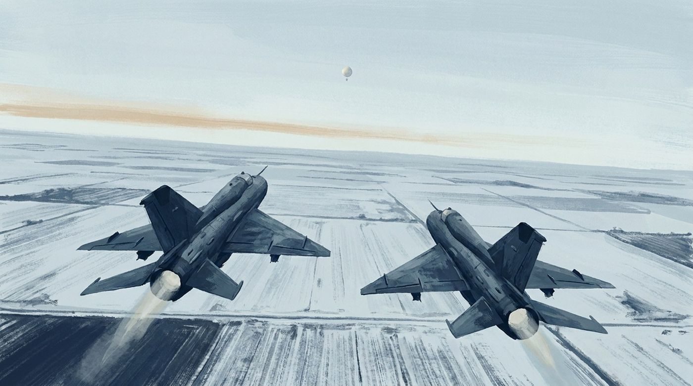 From the accounts: two Romanian MiG-21s searched for a small balloon-like radar target at 11,000 m, 14 February 2023.