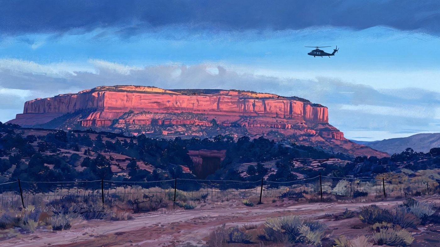 Secret Mountain above the Sedona canyons at dusk: fences in strange places, and military helicopters over the red rock.