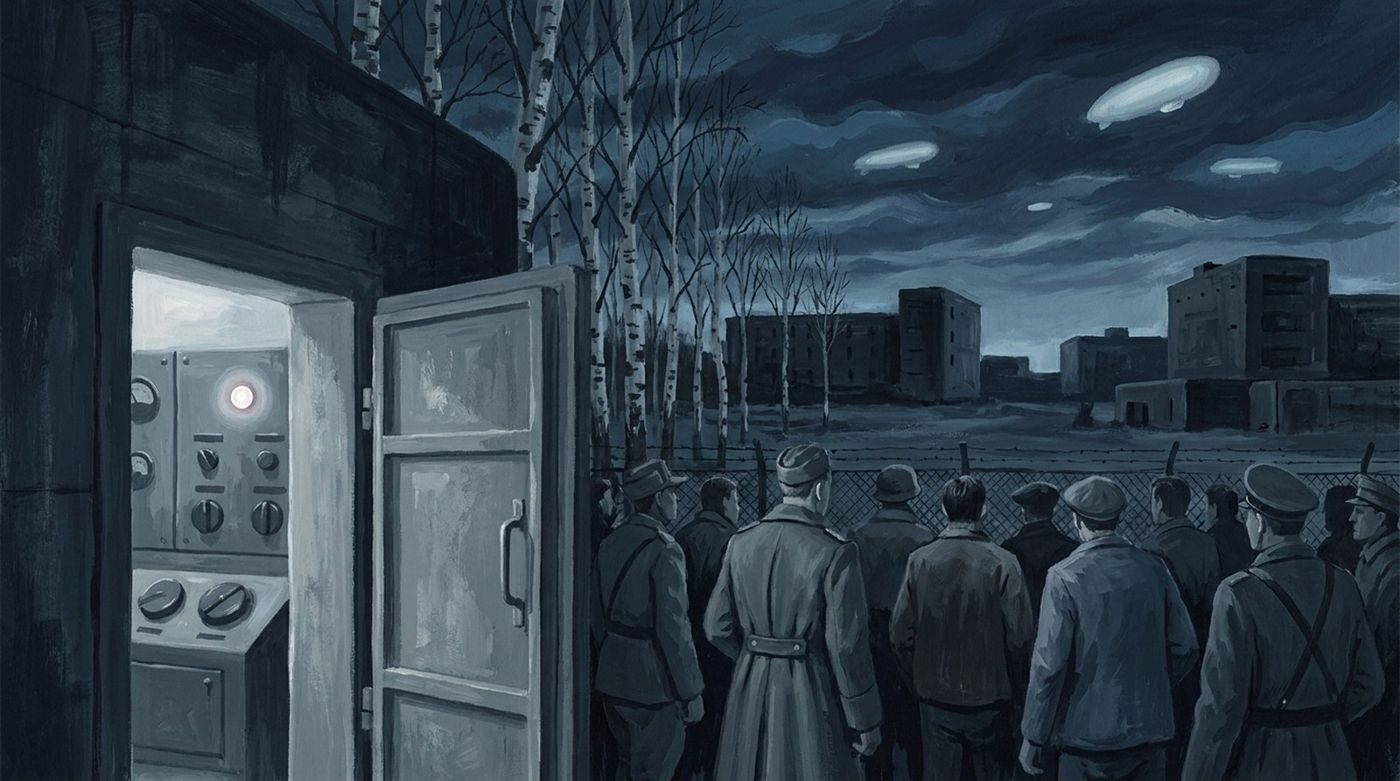 From accounts of the Soviet launch-panel incident: up to fifty people at a Strategic Rocket Forces division watched airship-like lights while a launch-system fault lamp came on by itself.