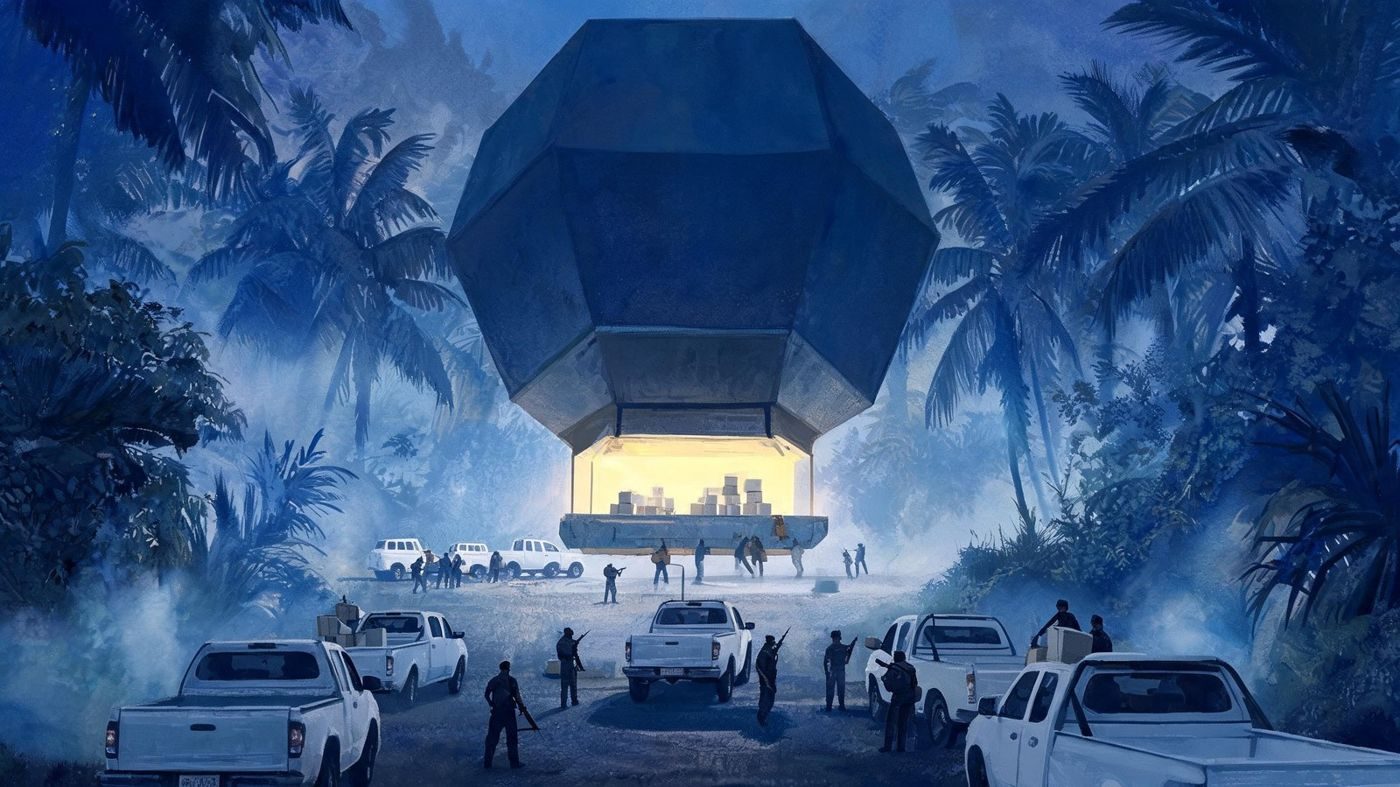 A 300-ft octagonal craft hovering over a jungle clearing near Padang while an armed team loads containers onto its platform, as Michael Herrera describes it (October 2009).