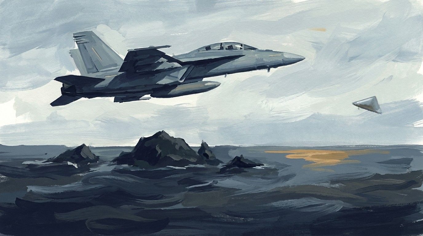 A triangular metallic object off the wing over the Aegean (illustration).