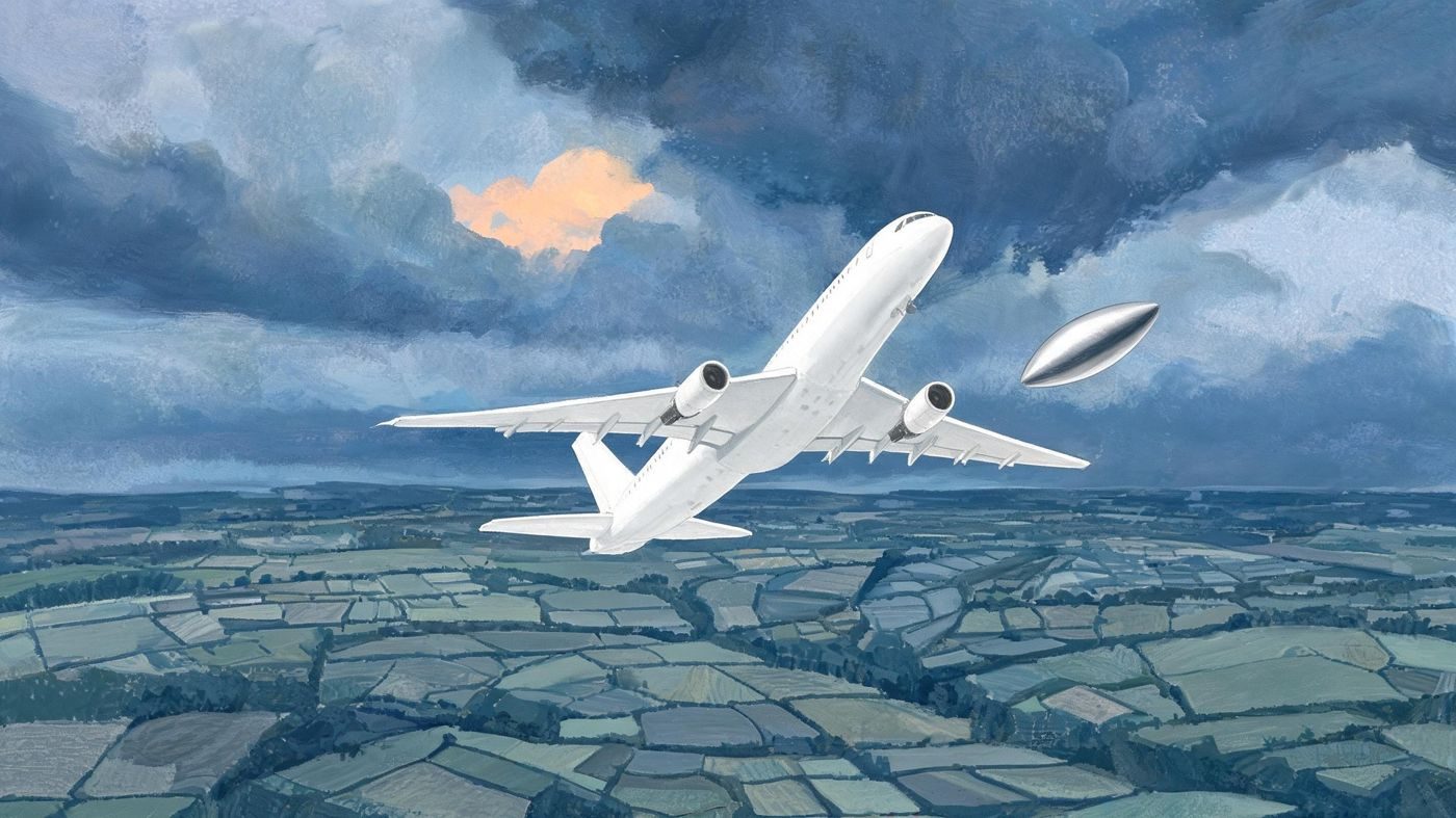 Climbing out of Heathrow over Surrey, a Boeing 777 crew sees a small silver object, 'the size of four toasters', flash past the right wing.