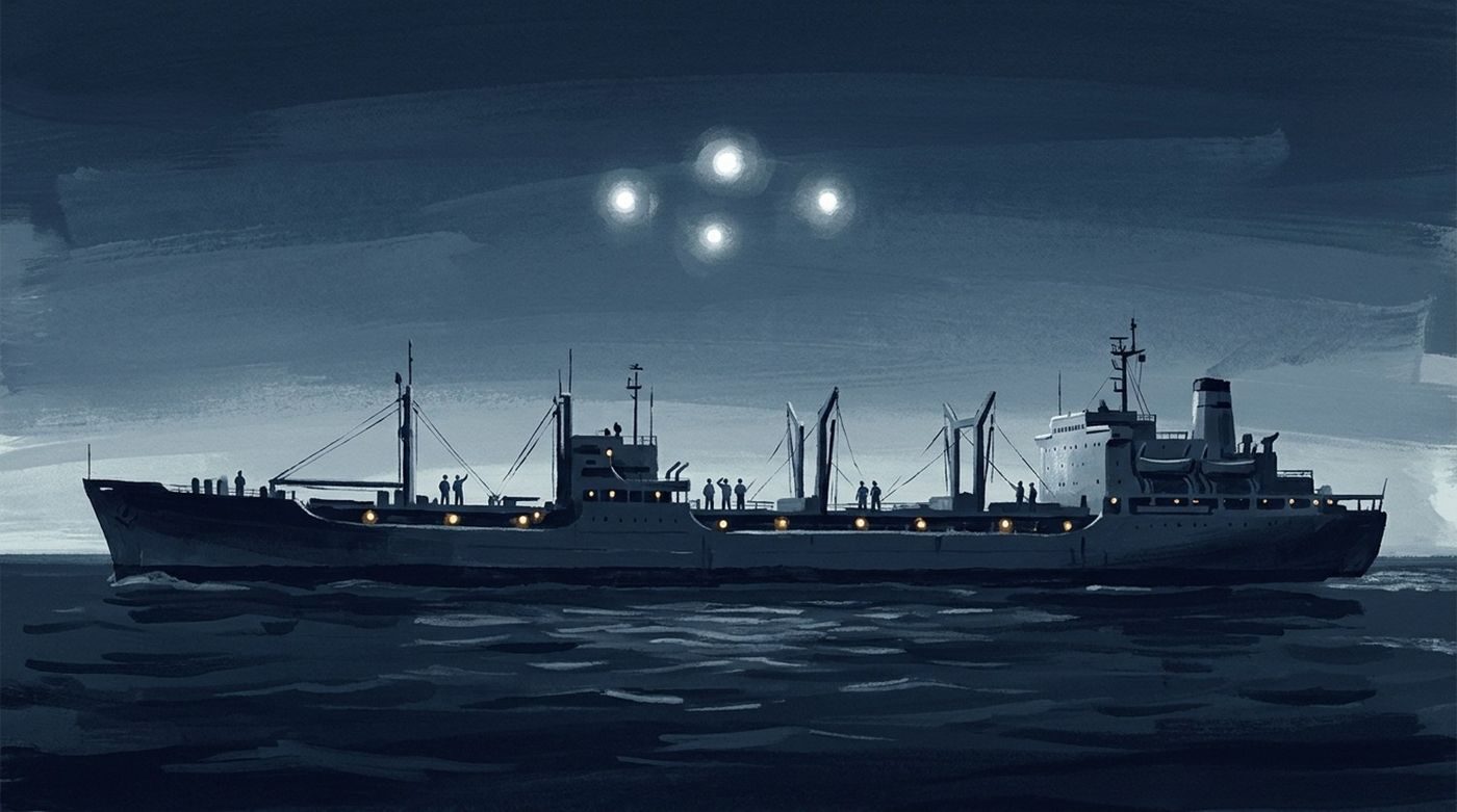 From the accounts: the crew of the USS Hassayampa watched four fast targets form a circle overhead in the Philippine Sea on 6 May 1965.