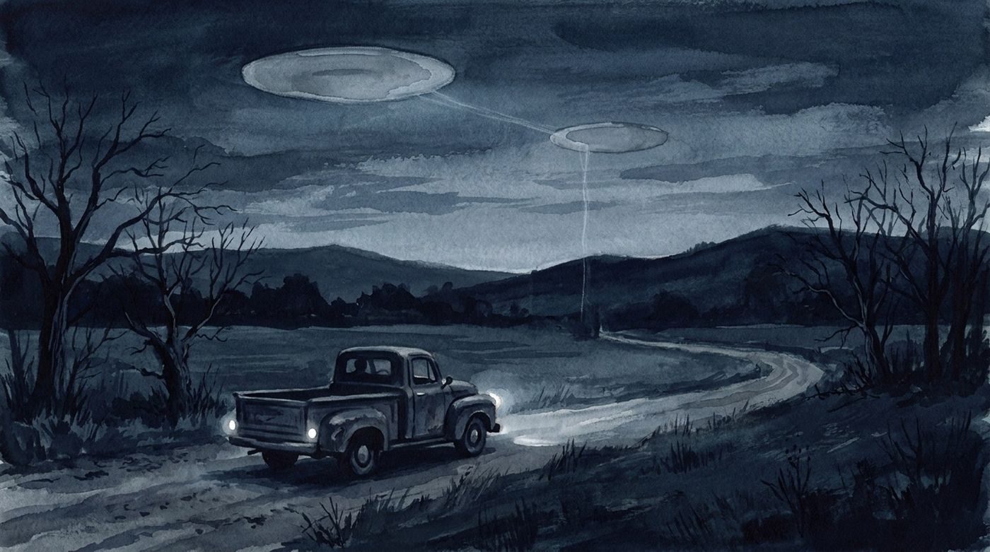 From the secondhand account Jacques Vallee gave: propeller-less discs exchanging beams at night, and a burned truck found next day; place and date unknown.