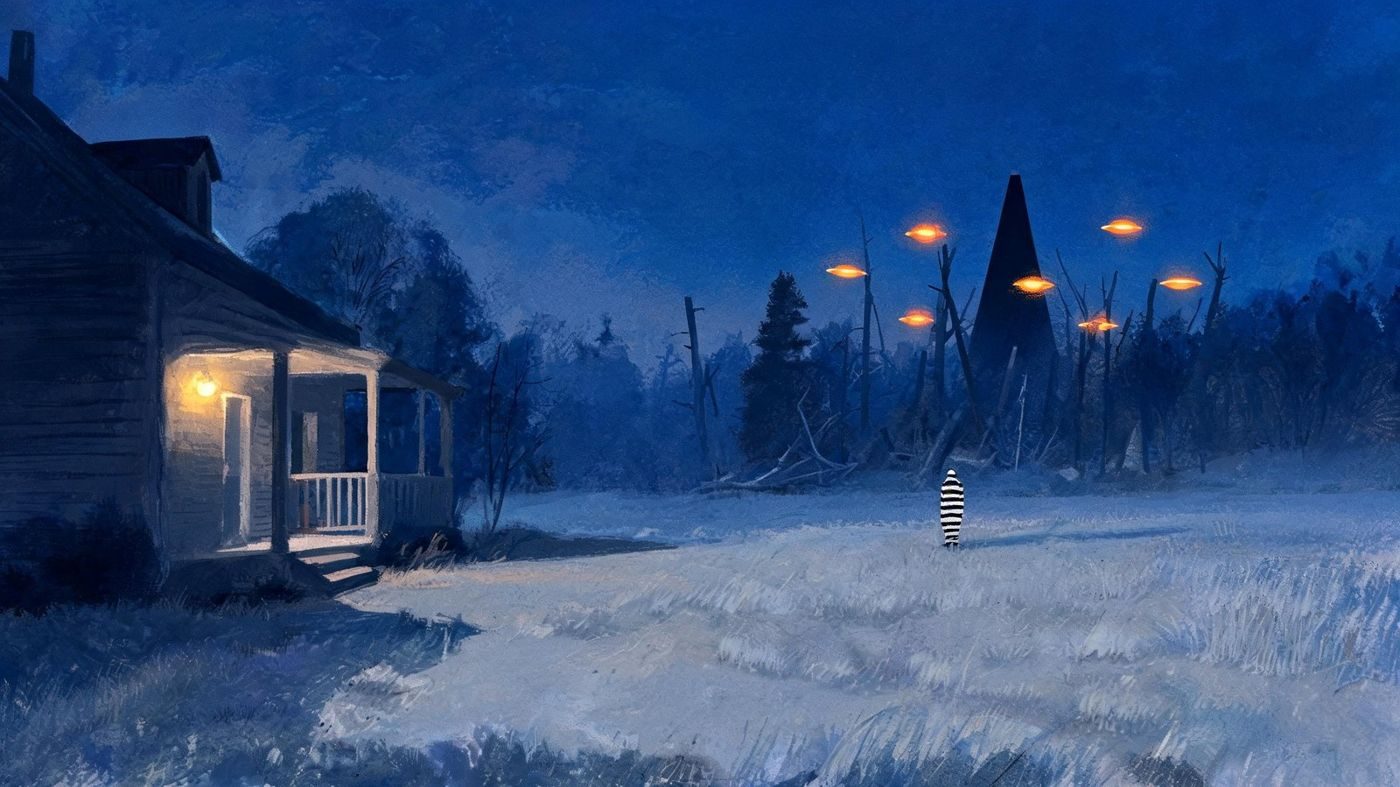 An upright triangular craft with spinning orange lights in the woods and a figure in striped clothing near the house, as the witnesses describe it (25 October 2009).