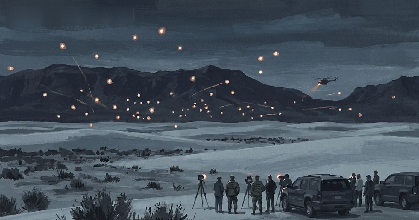 From Rep. Eric Burlison's account of his ODNI briefing (Dr. Phil, 15 Oct 2026): ODNI, CIA, FBI and Department of War intelligence people on site at a western range as three or four dozen glowing orbs appear. White Sands is the alleged site, not confirmed; the people, vehicles, cameras and orb trails are imagined.