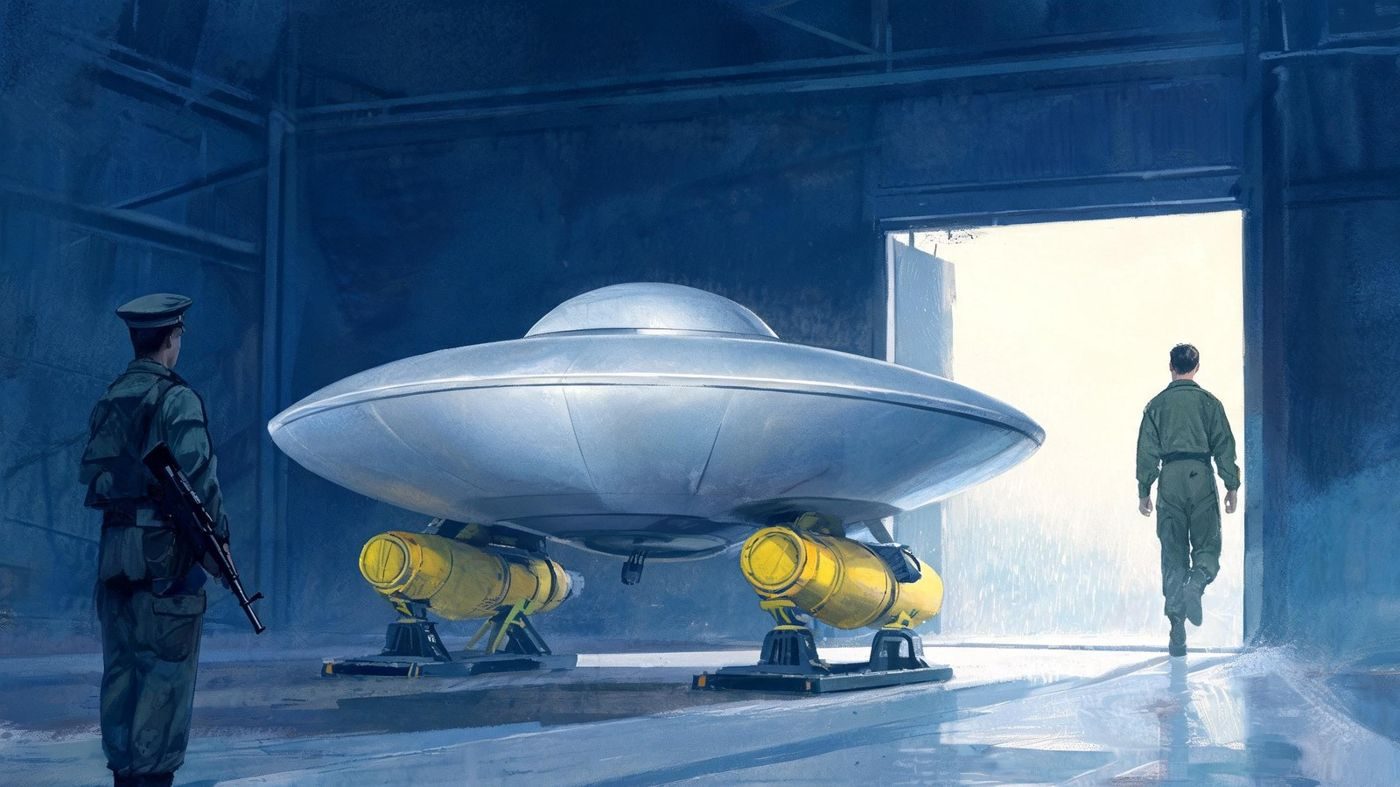 A small seamless saucer on two engine stands under guard in a Wright-Patterson hangar, as Paul Johnson described it (1962 or 1963).