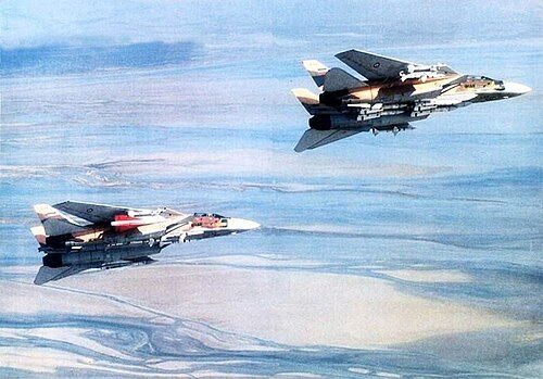 Context: IRIAF F-14A Tomcats armed with AIM-54, AIM-7 and AIM-9 missiles, c. 1986. The type flown in the October 2004 Khondab/Arak intercept and in the fatal January 2012 Bushehr scramble. Not an event photo.