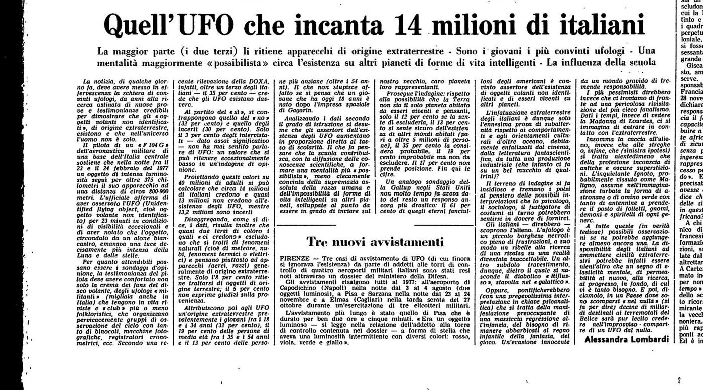 Document: l'Unità, 14 Jan 1980, p. 3 (cropped): 'Quell'UFO che incanta 14 milioni di italiani', reporting the F-104G pilot's 23-24 Feb 1977 sighting, with the box 'Tre nuovi avvistamenti' on sightings by staff at Capodichino (3-4 Aug 1977), Pisa and Sarzana (23-24 Nov 1977) and Elmas (27 Oct 1977) made public 'through a Ministry of Defence dossier'.