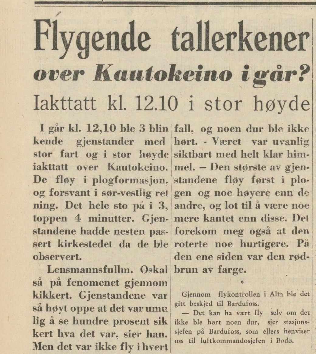 Contemporary press: Vestfinnmark Arbeiderblad (Hammerfest), front page, 14 May 1954: 'Flygende tallerkener over Kautokeino i går? Iakttatt kl. 12.10 i stor høyde' - three objects in plough formation, lensmann Oskal watching through binoculars, report passed via Alta flight control to Bardufoss.