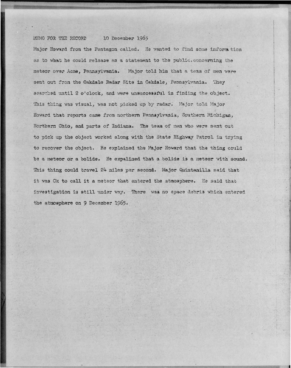 Blue Book memo: the Oakdale team "sent out to pick up the object" (p. 32)