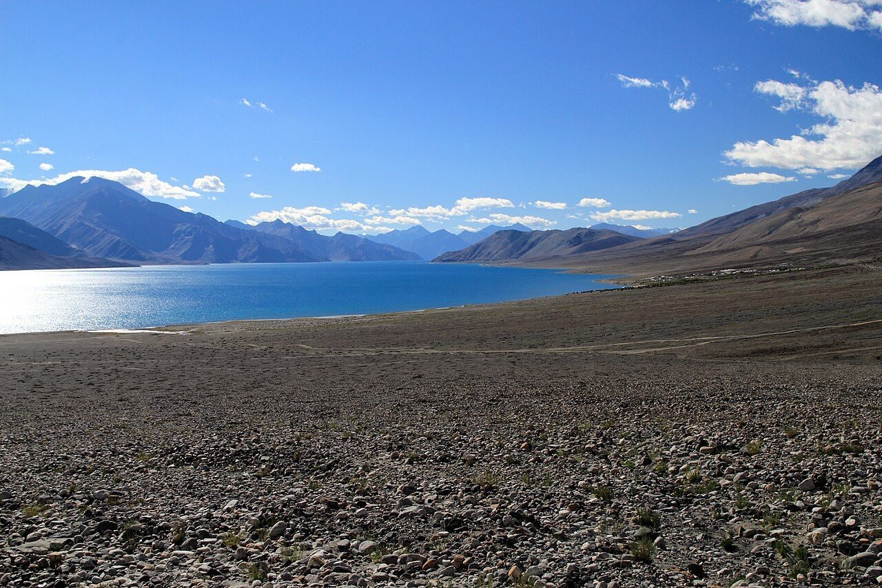 Context, not the event: Pangong Tso with Lukung village on the right, 2 Sep 2013. The ITBP post at Thakung that logged the 2012 'Unidentified Luminous Objects' is on this western end of the lake, looking east toward the Chinese side.