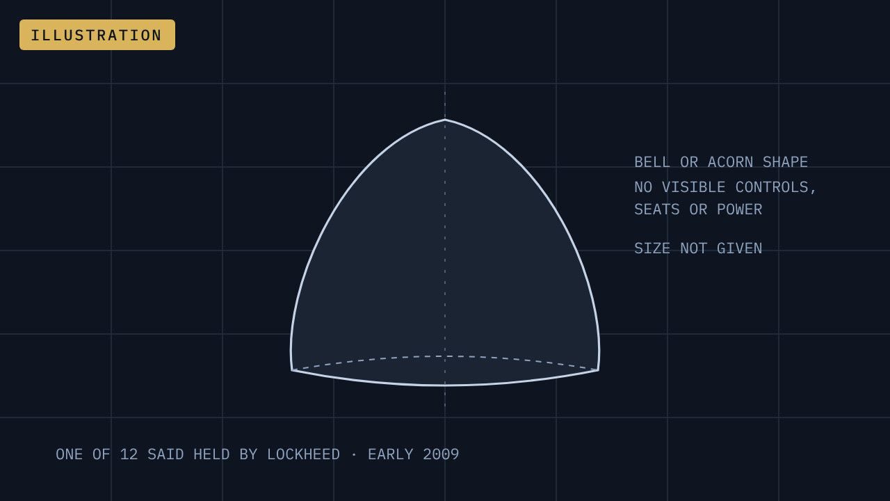 Illustration of the shape Stratton reports Jim Ryder describing (Out of the Shadows, 2026): bell or acorn shaped, no visible controls, seats or power. Proportions are a guess; no dimensions were given.