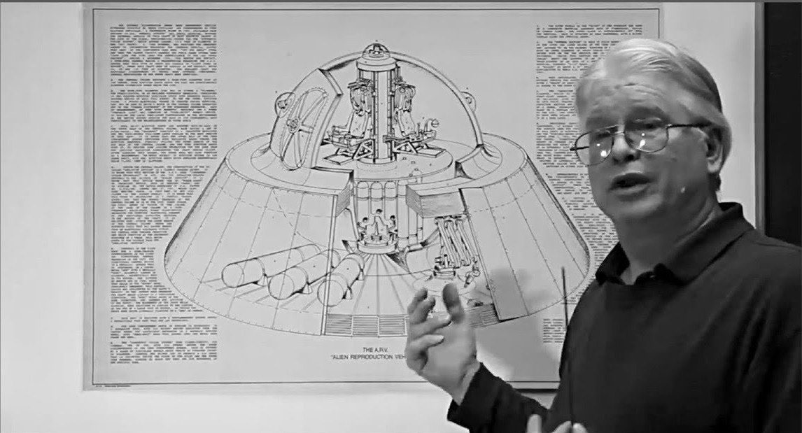Mark McCandlish beside his cutaway drawing of the ARV 'Fluxliner'.