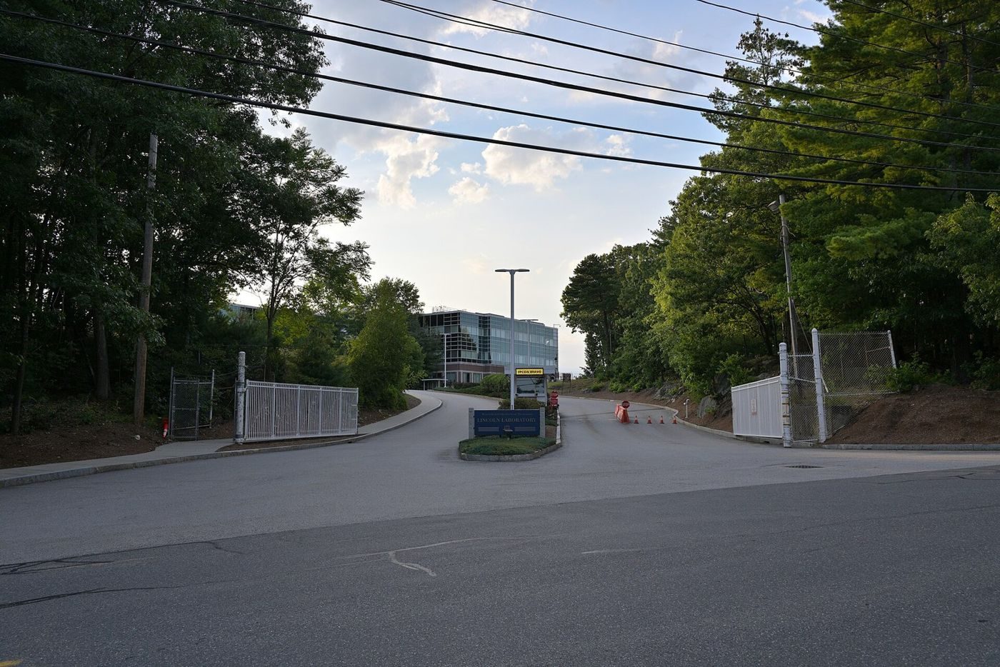 The Wood Street entrance to the MIT Lincoln Laboratory campus in Lexington, Massachusetts (August 2026).