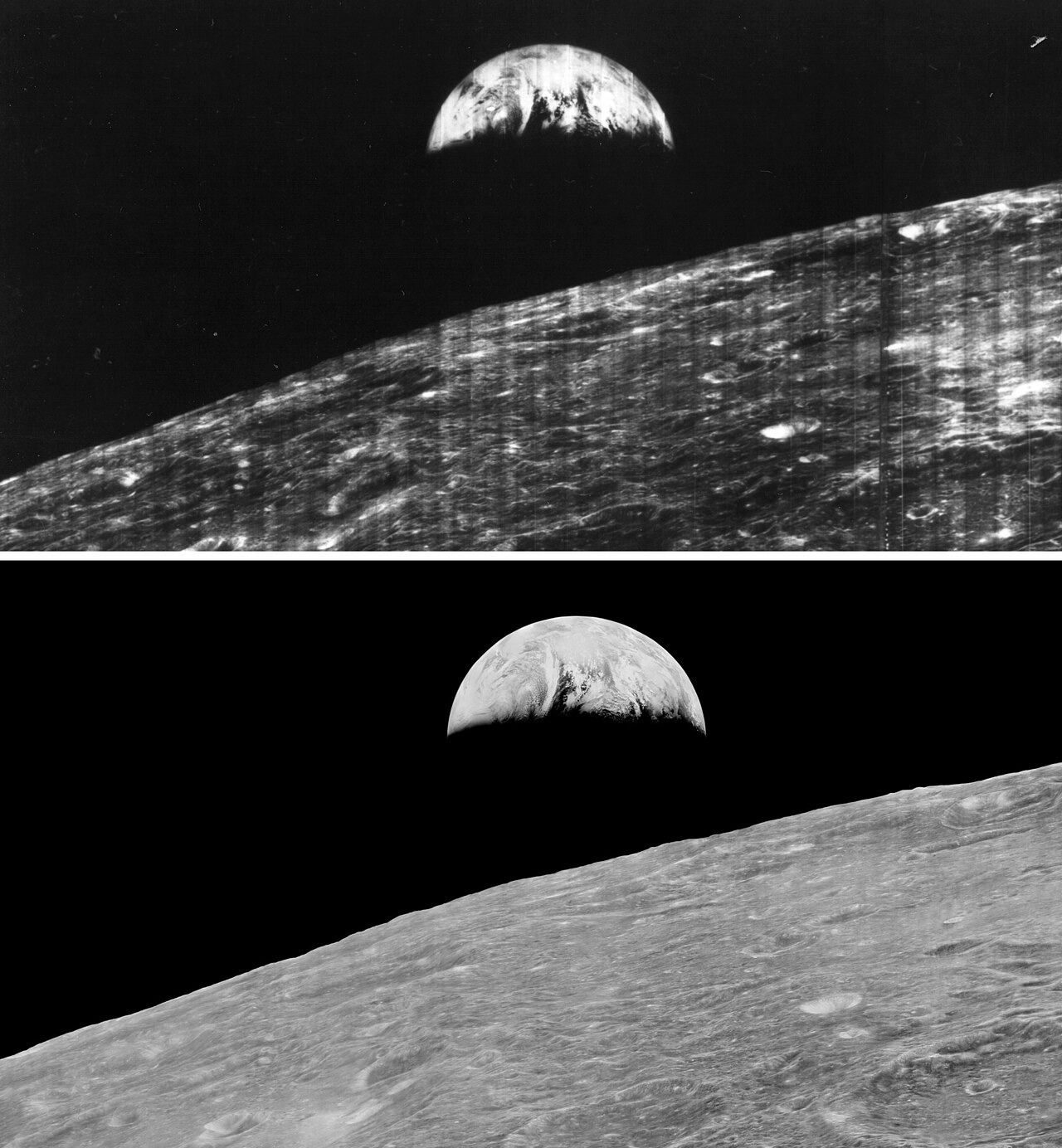 Lunar Orbiter 1's 1966 Earthrise: the print the public got in 1966 (top) and LOIRP's restoration from the original tapes in 2008 (bottom).
