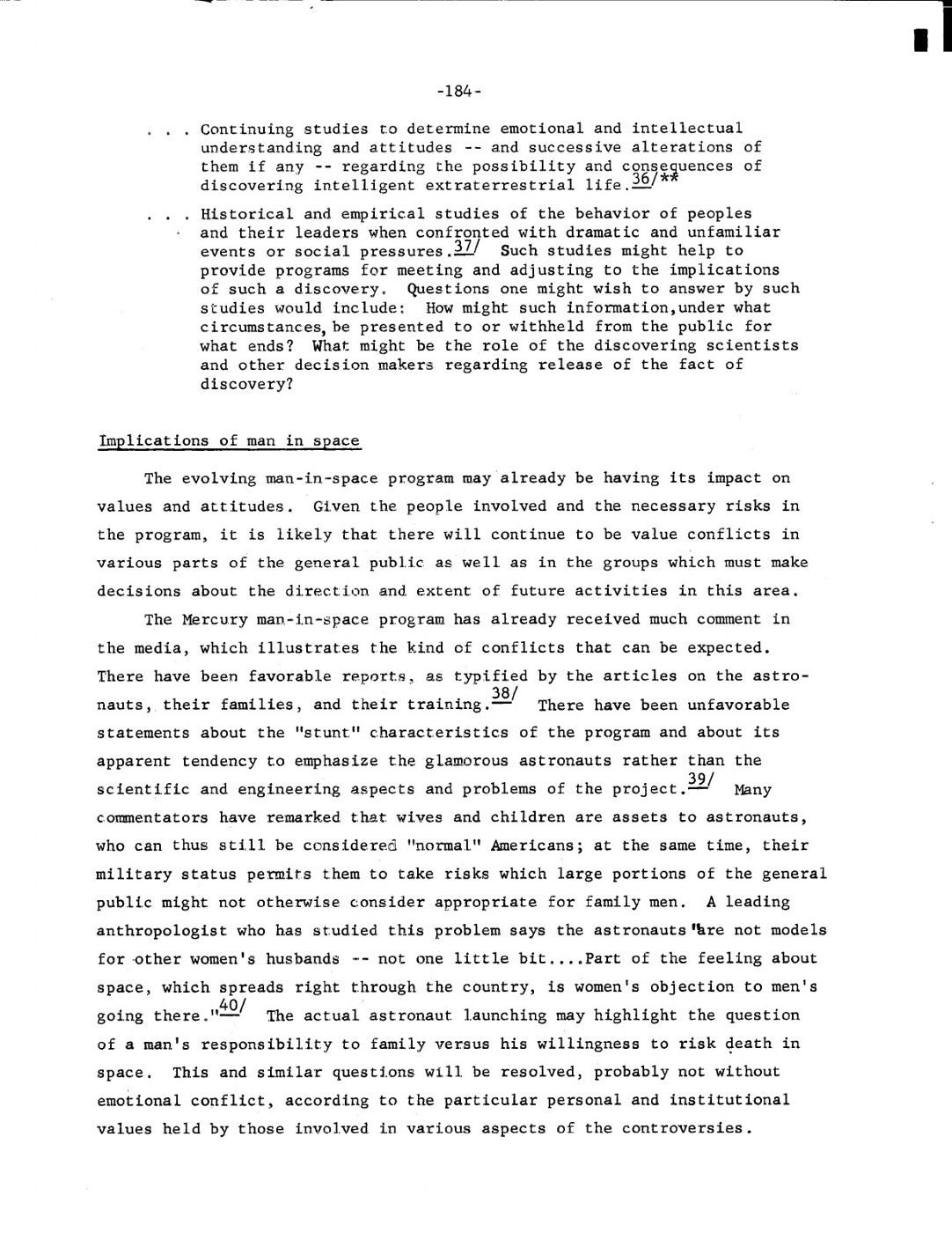 Page 184 of the Brookings Institution study prepared for NASA, 'Proposed Studies on the Implications of Peaceful Space Activities for Human Affairs' (1960), asking how news of extraterrestrial life might be 'presented to or withheld from the public for what ends'.
