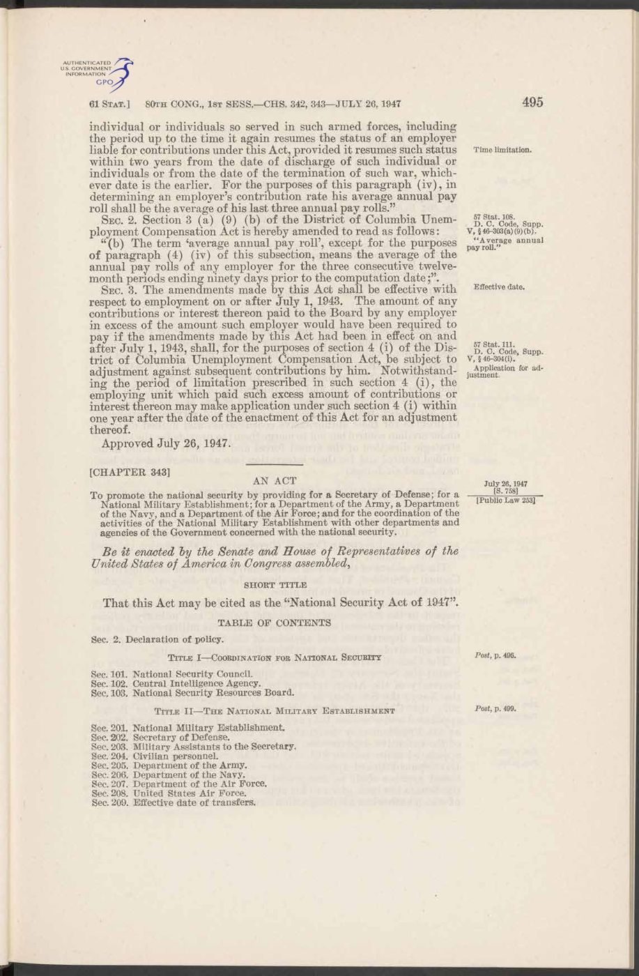 First page of the National Security Act of 1947 (Public Law 80-253, 61 Stat. 495), approved July 26, 1947.